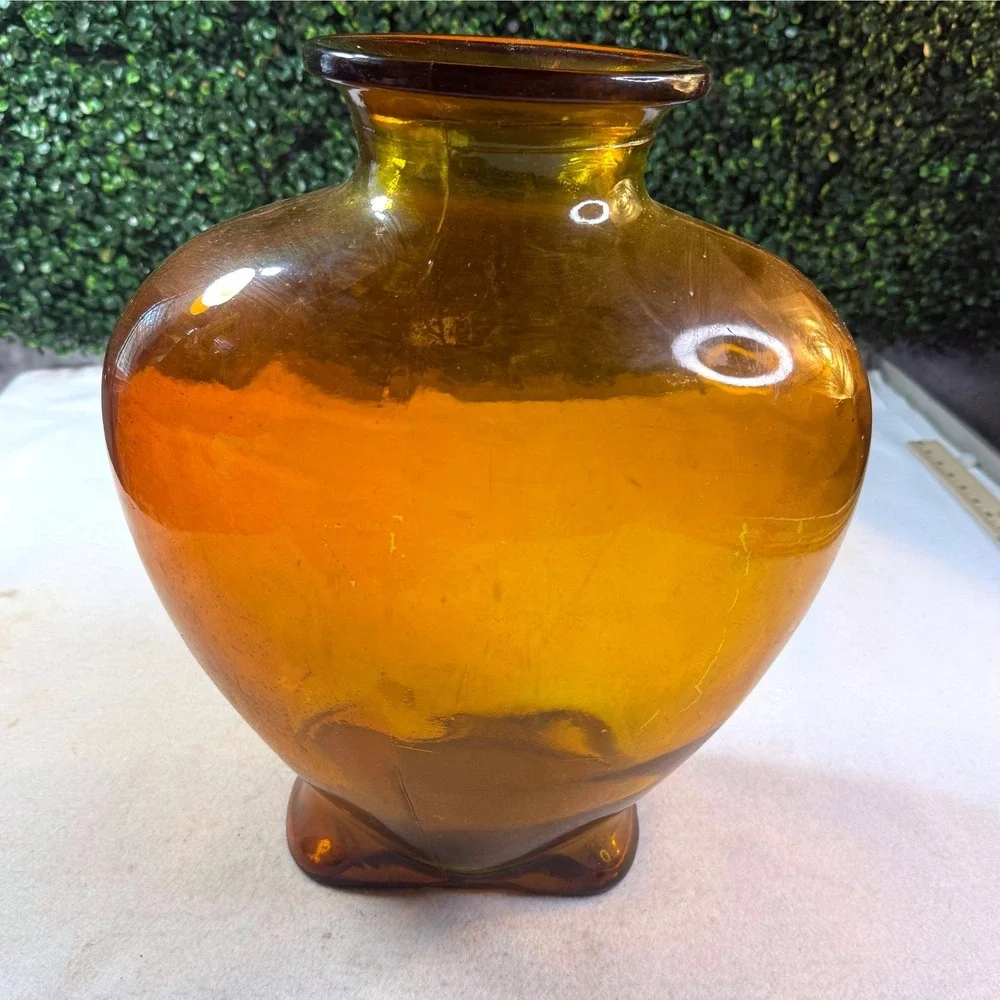 Vintage Large Amber Hand Blown Heart Glass Vase MCM 15